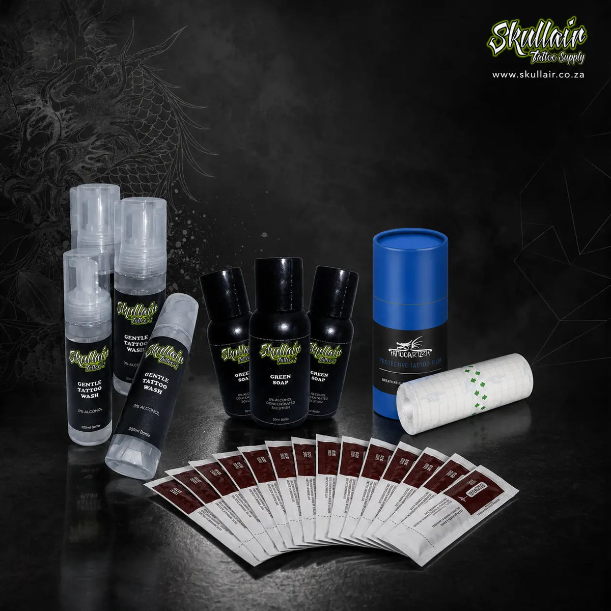 Tattoo aftercare and hygiene supplies arranged on a dark background