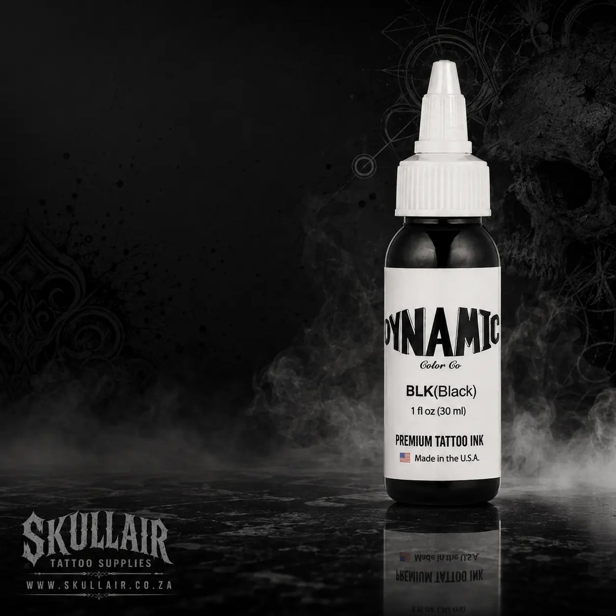 Dynamic Black tattoo ink bottle on a dark Skullair background