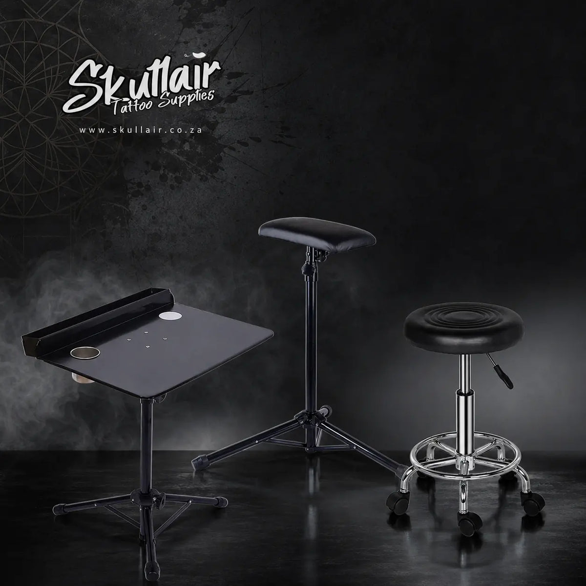 Tattoo workstation tray, padded armrest and adjustable stool