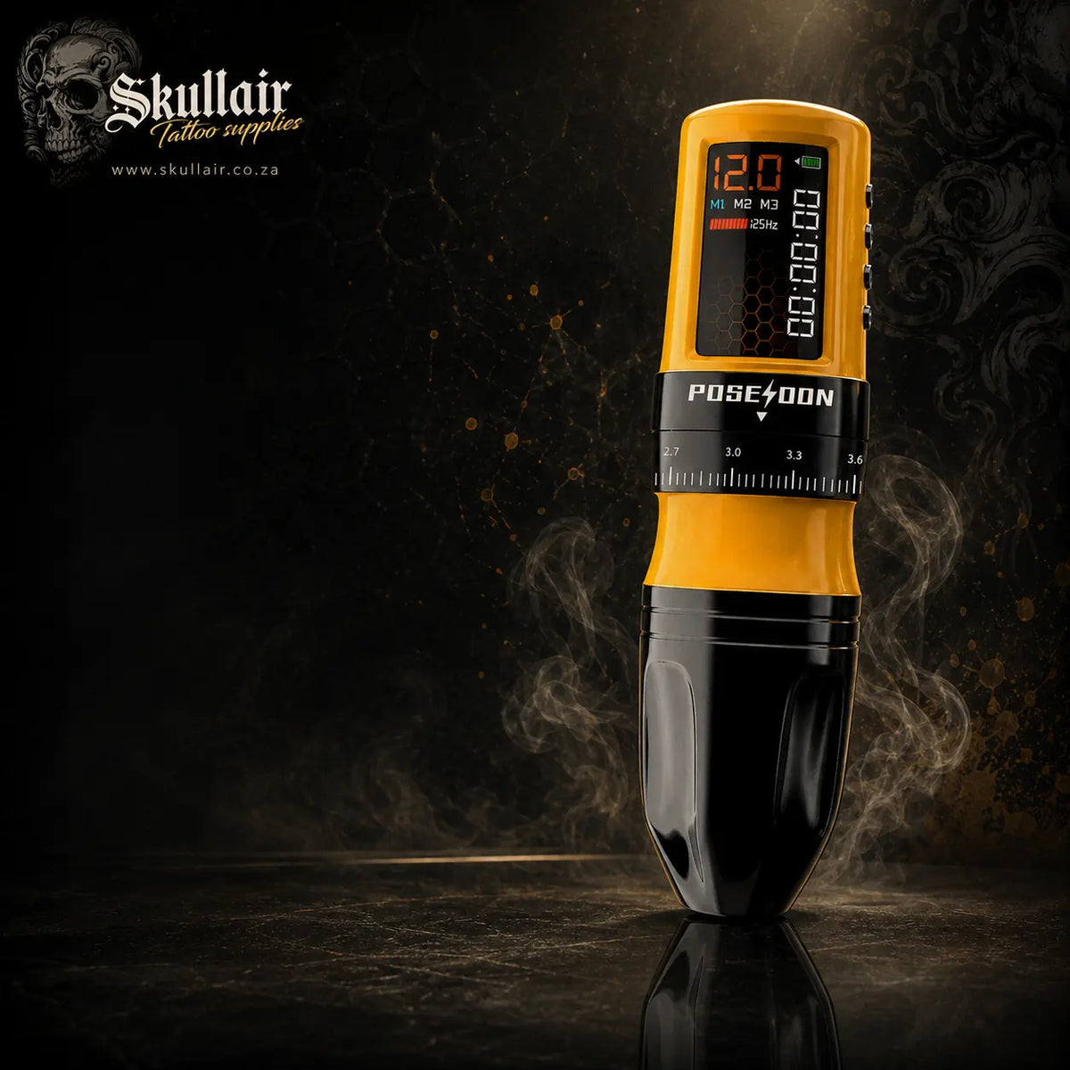 Yellow and black Poseidon BEE wireless tattoo pen with digital display