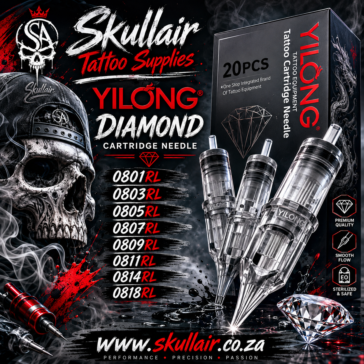Promotional graphic for YILONG Skullair Tattoo Supplies showing a box of 20 tattoo cartridge needles, three clear cartridge needles, a skull illustration, and product codes on a dark smoky background.