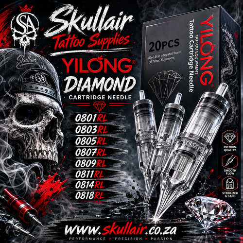 Promotional graphic for YILONG Skullair Tattoo Supplies showing a box of 20 tattoo cartridge needles, three clear cartridge needles, a skull illustration, and product codes on a dark smoky background.