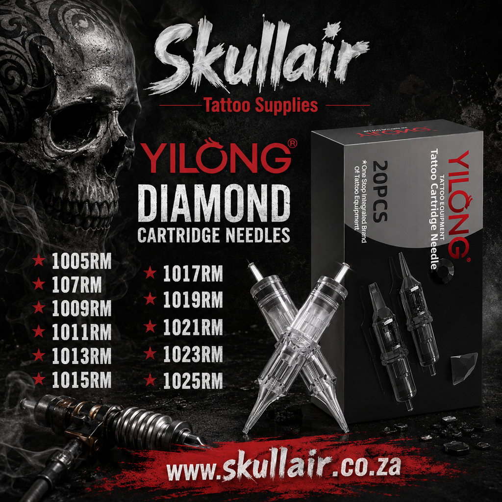 Promotional graphic for Yilong Diamond Cartridge Needles by Skullair, showing a black retail box, several clear cartridge needles, a tattoo pen device, and a list of needle codes on a dark smoky background with a skull graphic.