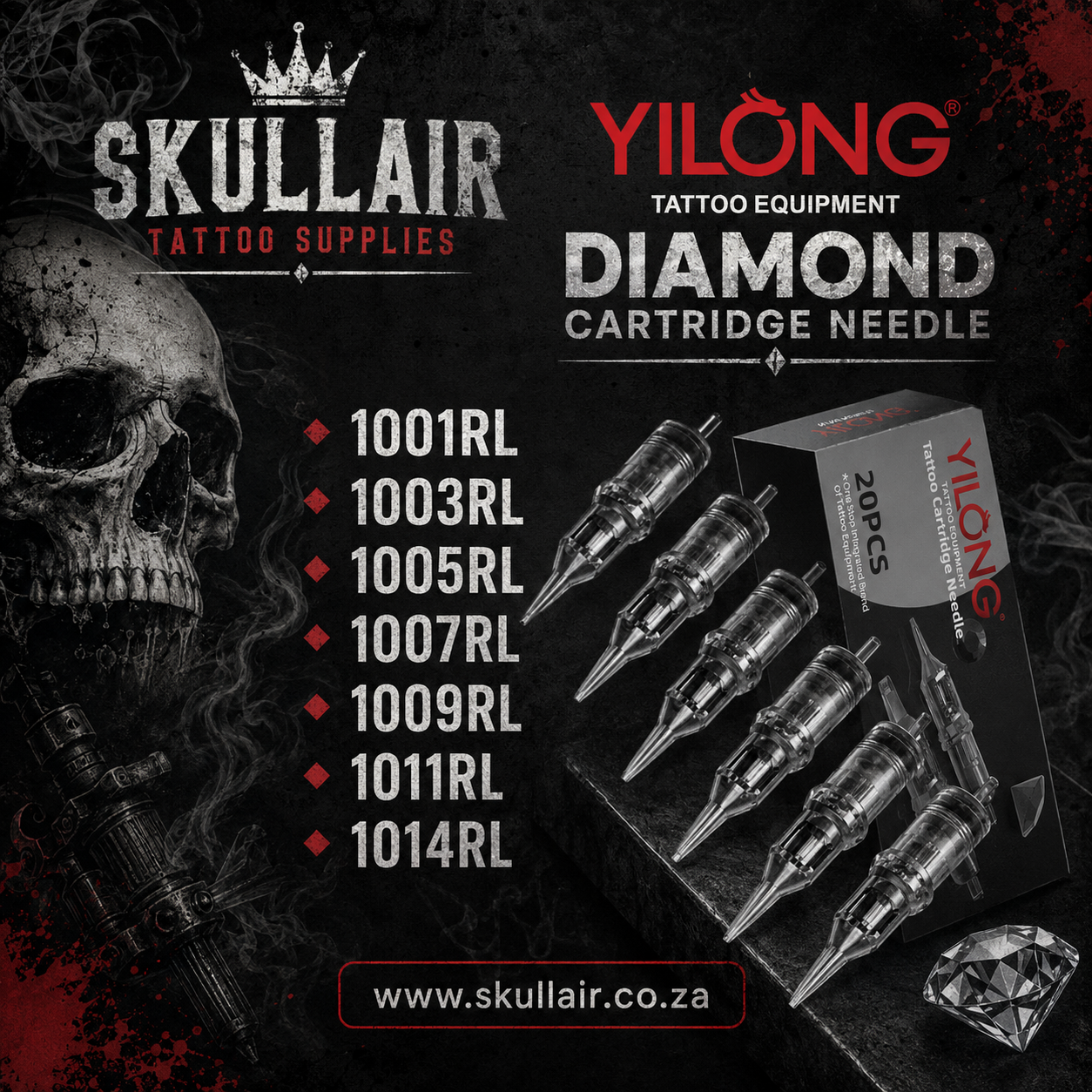 Promotional graphic for Yilong Tattoo Equipment Diamond Cartridge Needle cartridges, showing six clear cartridge needles and a branded box on a dark textured background with skull artwork and a list of model numbers 1001RL to 1014RL.