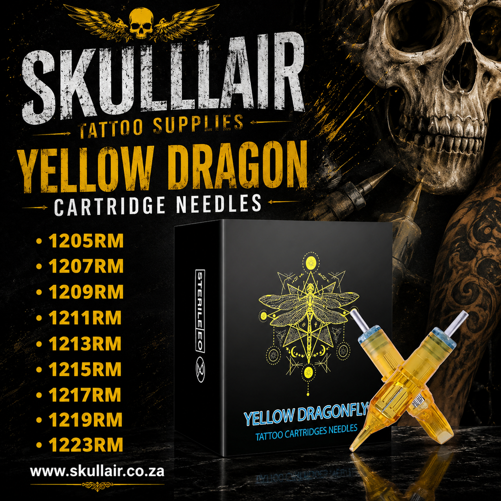 Promotional product graphic for Skulllair Tattoo Supplies Yellow Dragon Cartridge Needles, showing a black product box with yellow dragonfly artwork, two translucent yellow cartridge needles, a list of needle models, and a large skull graphic on a dark background.