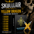 Promotional product graphic for Skulllair Tattoo Supplies Yellow Dragon Cartridge Needles, showing a black product box with yellow dragonfly artwork, two translucent yellow cartridge needles, a list of needle models, and a large skull graphic on a dark background.