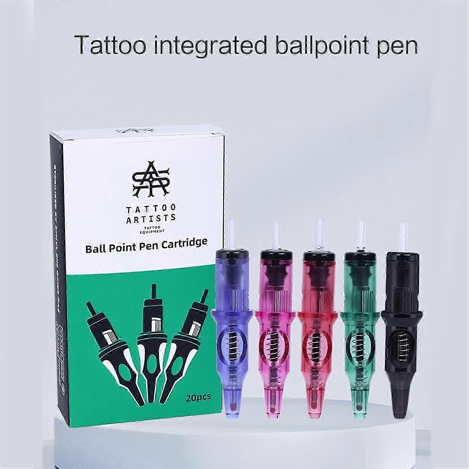 Five ball point pen cartridges in different translucent colors are displayed in front of their product box, with the text 'Tattoo integrated ballpoint pen' above on a light gray background.