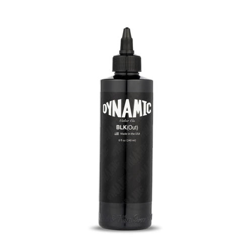 Dynamic Blackout tattoo ink bottle with black cap, front view