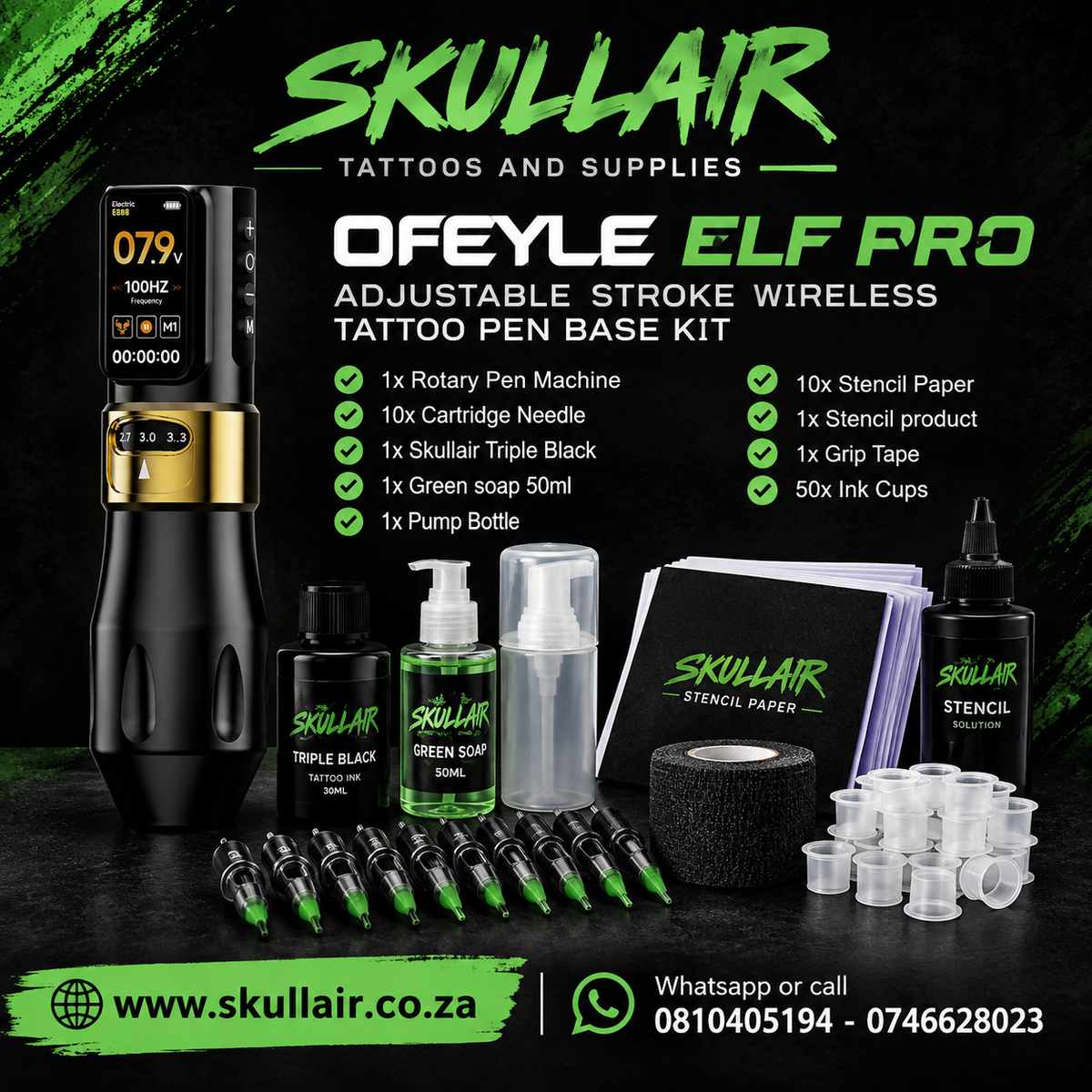 Ofeyle ELF Pro Adjustable Stroke Wireless Tattoo Pen Base Kit