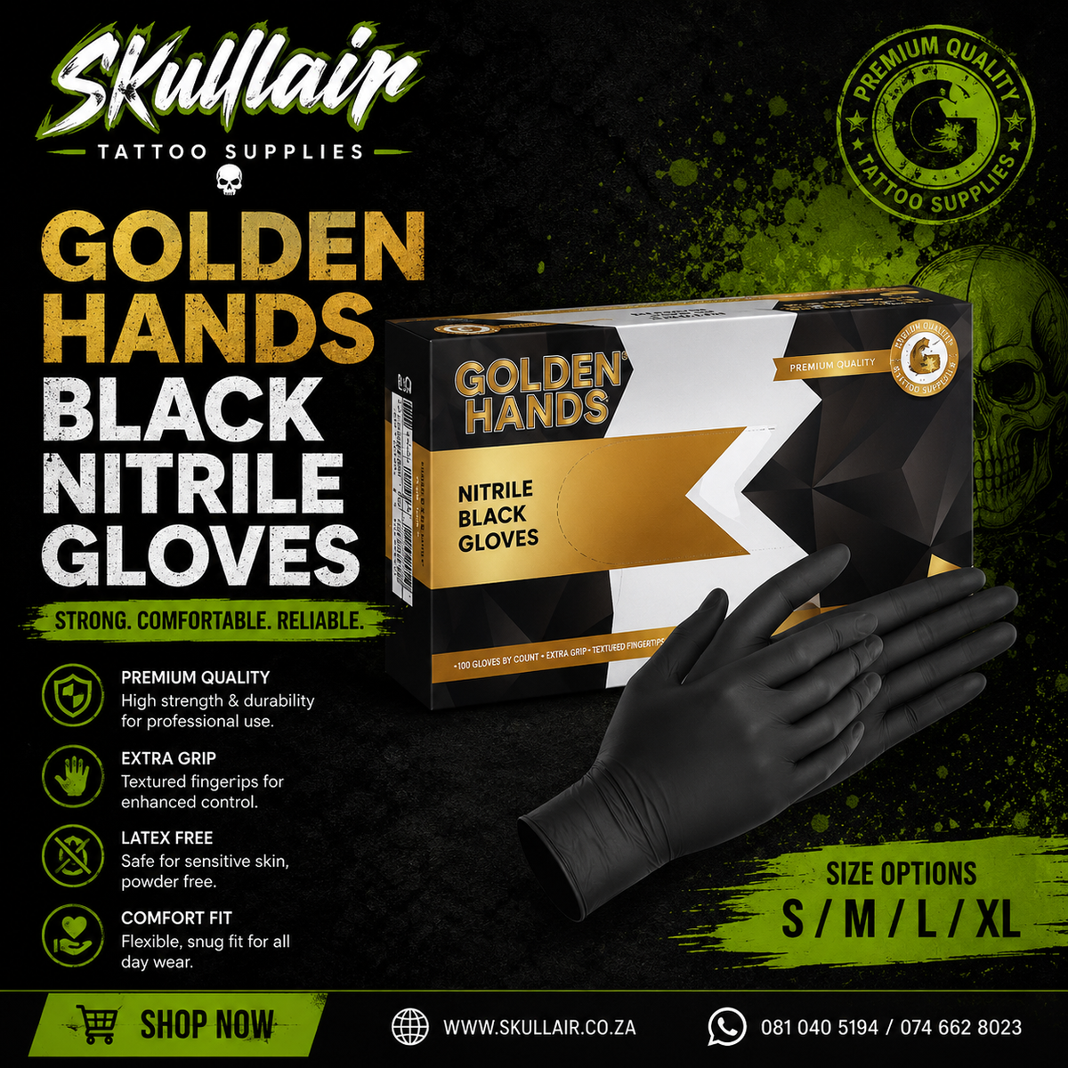 Golden Hands Black Nitrile Gloves – S/M/L/XL