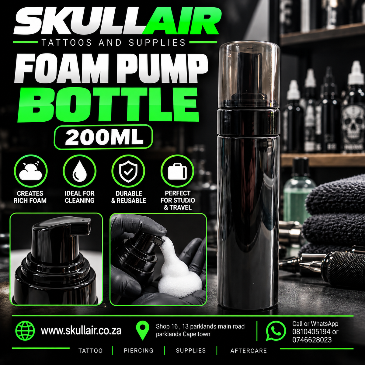 Black 200ml foam pump bottle with close-up views of pump and foam