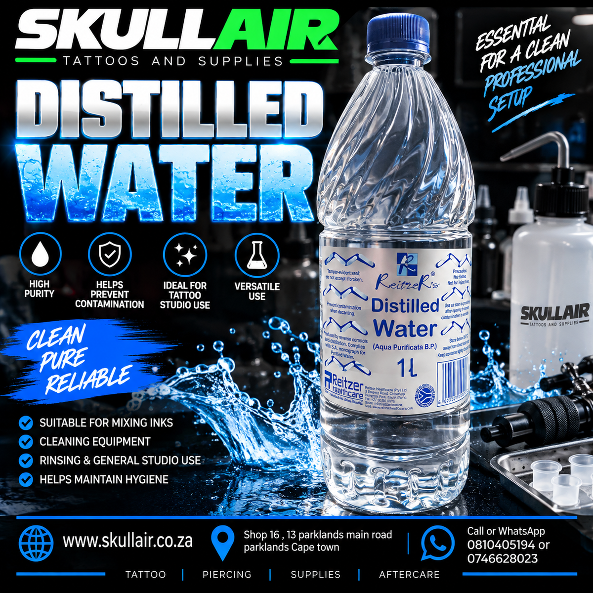 One-litre distilled water bottle in a blue Skullair promotional graphic