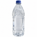 Clear water bottle with blue cap on a white background