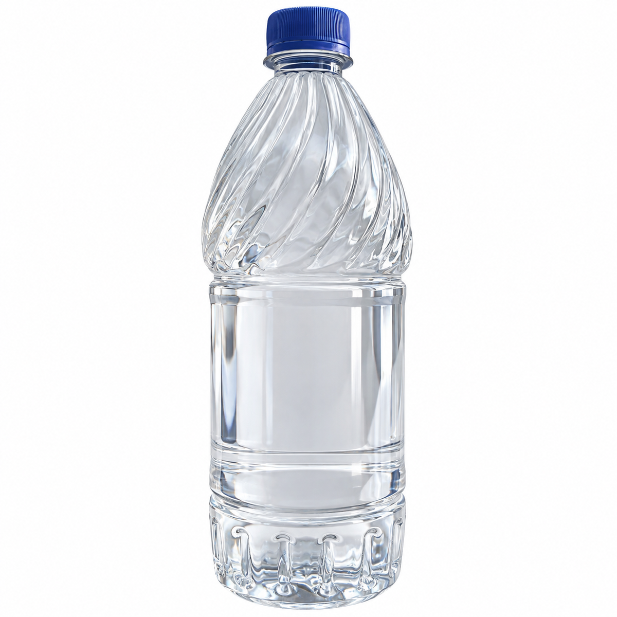 Clear water bottle with blue cap on a white background