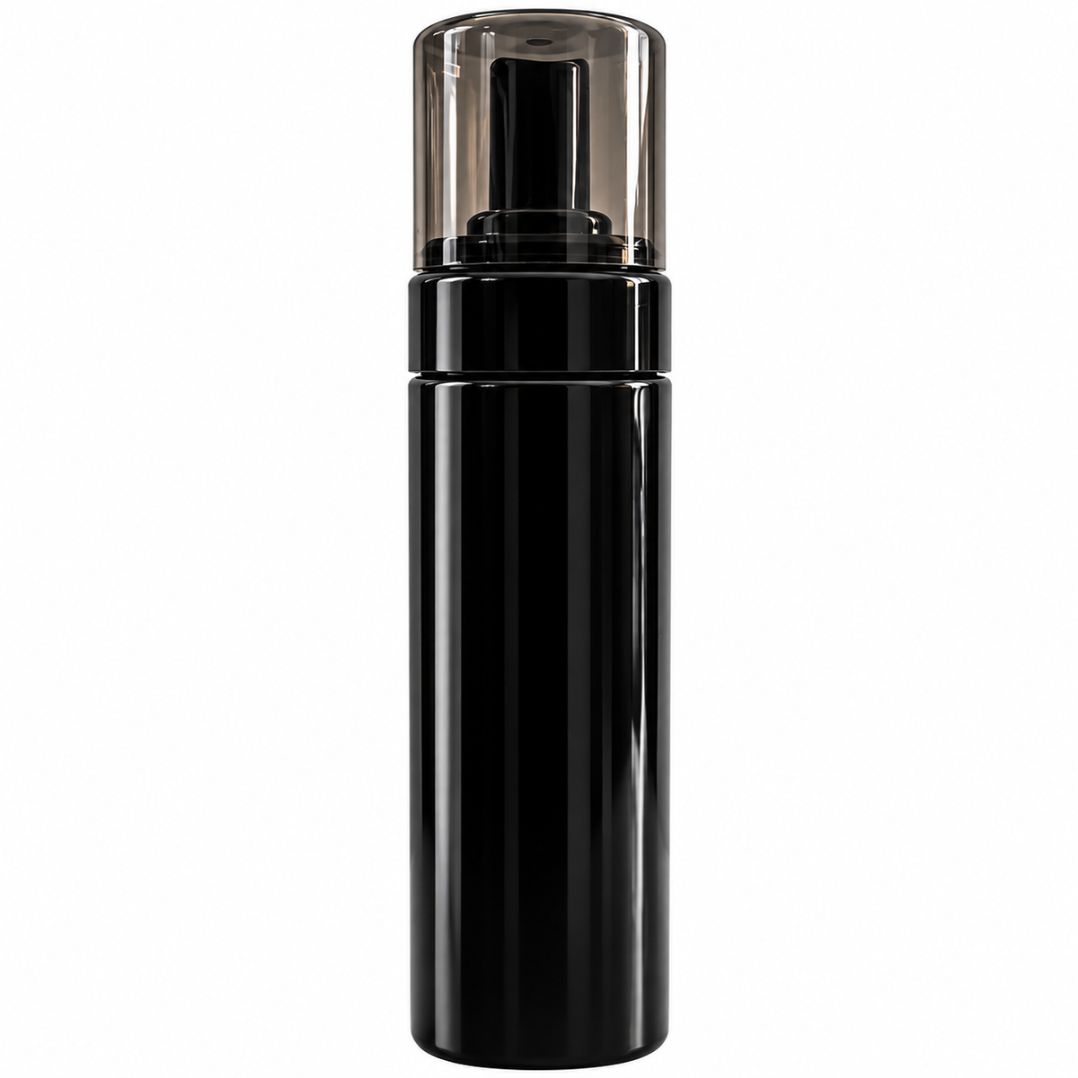 Black foam pump bottle with clear protective cap