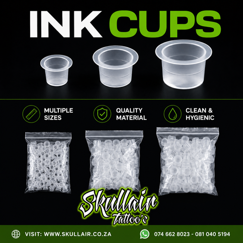 Small, medium and large clear tattoo ink cups with bags of cups below