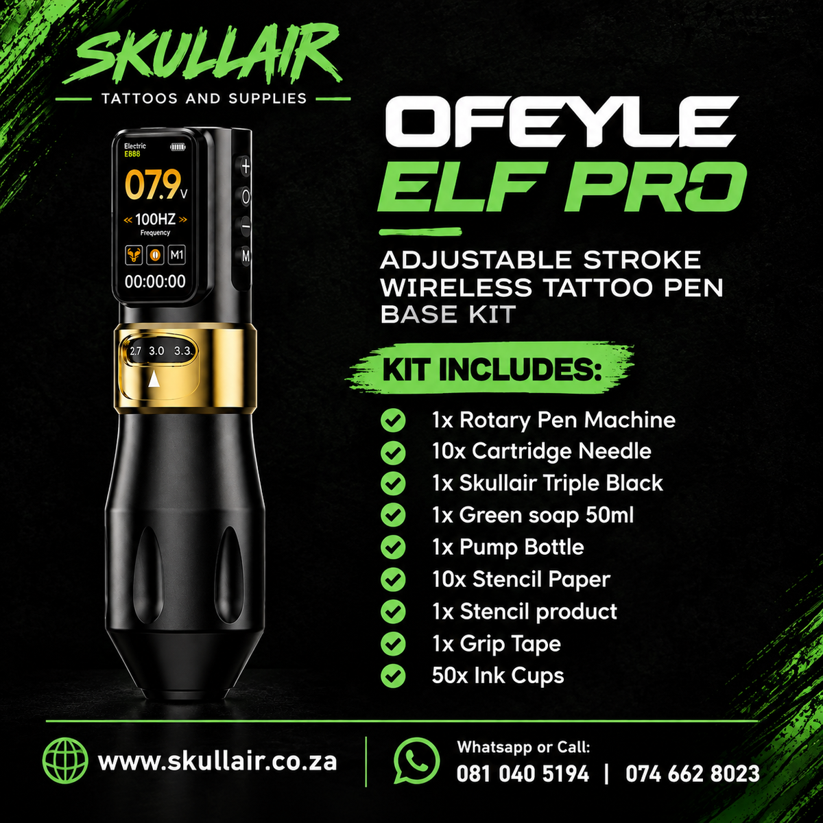 Ofeyle ELF Pro Adjustable Stroke Wireless Tattoo Pen Base Kit