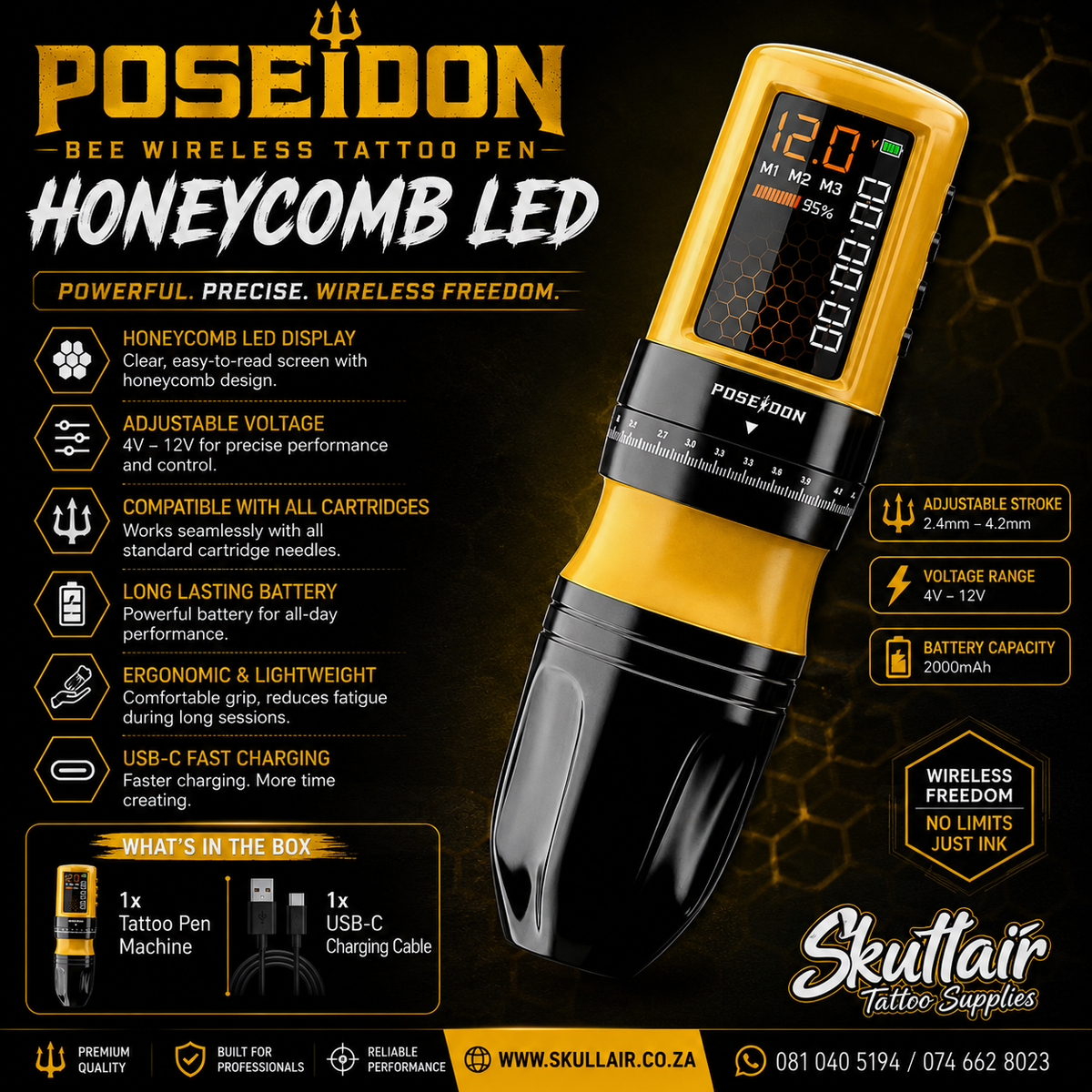 POSEIDON BEE Wireless Tattoo Pen – Honeycomb LED Full Tattoo Kit