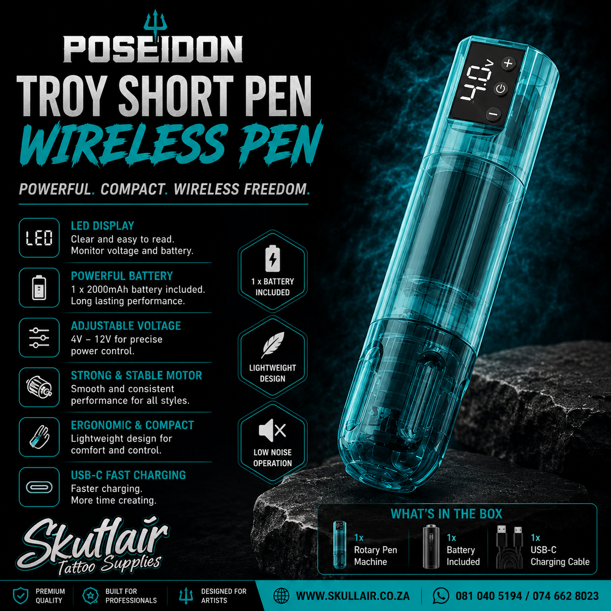 POSEIDON Troy Short Pen – Wireless Rotary Tattoo Machine