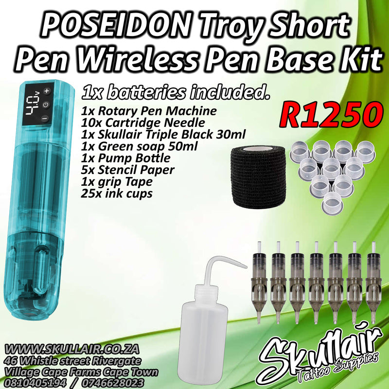POSEIDON Troy Short Pen – Wireless Rotary Tattoo Machine Base Kit