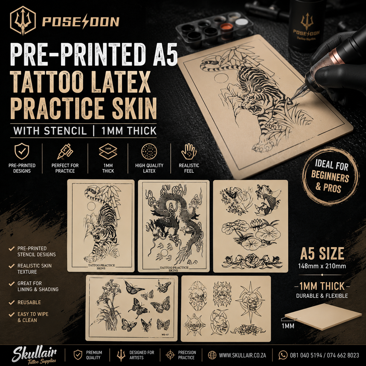 Pre-Printed A5 Tattoo Latex Practice Skin with Stencil 1mm