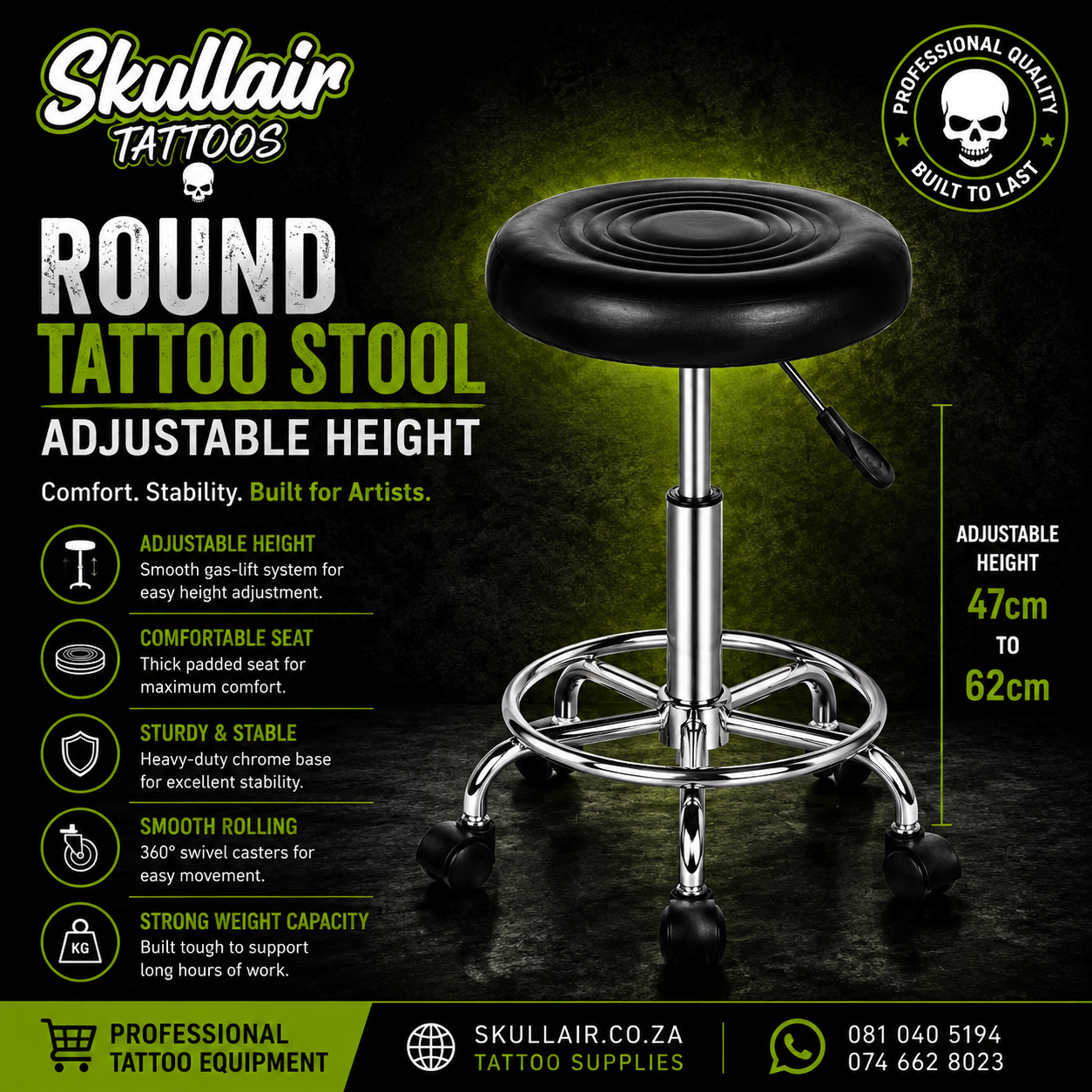 Adjustable Round Stool on Wheels Black or Red