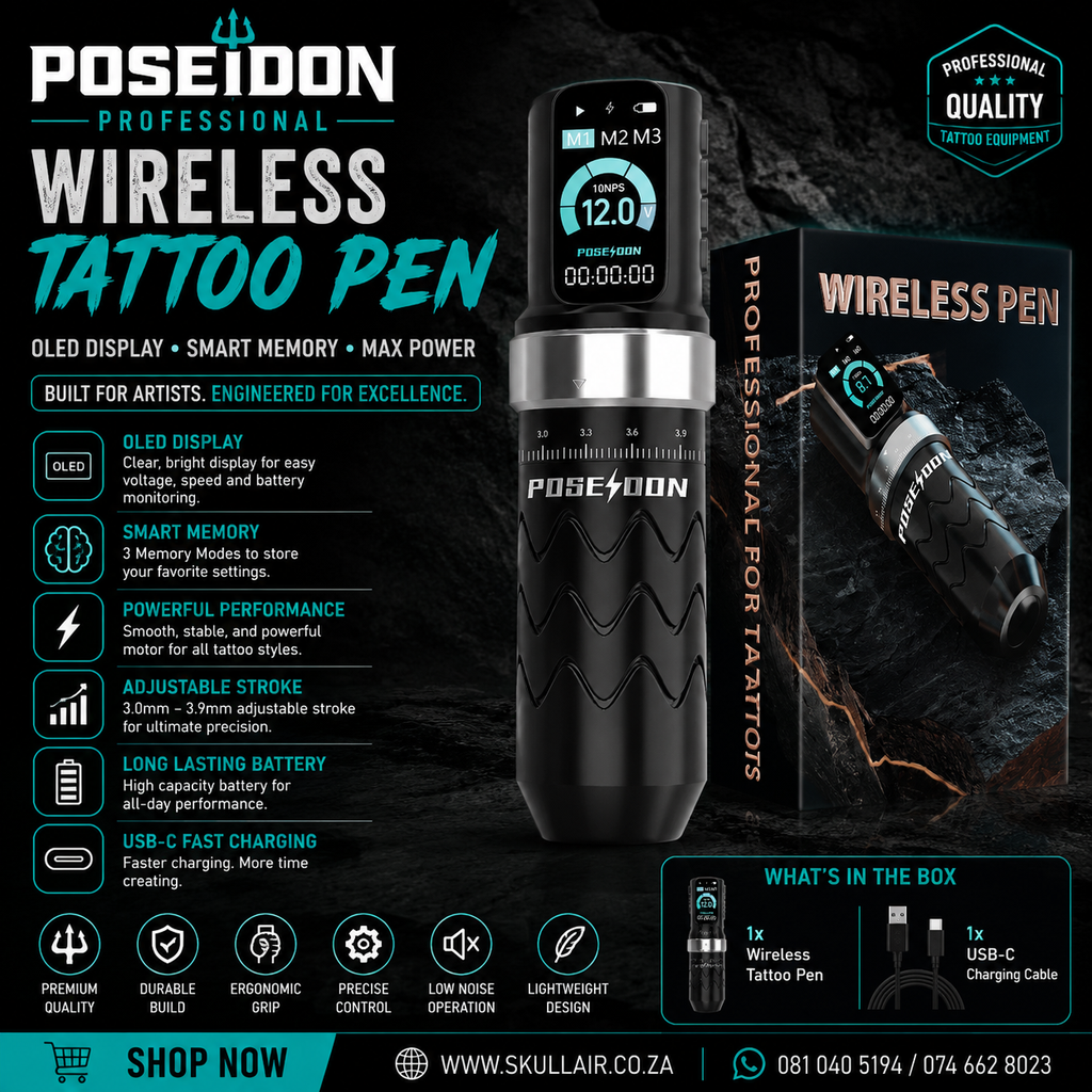 POSEIDON Wireless Tattoo Pen—OLED Display, Smart Memory