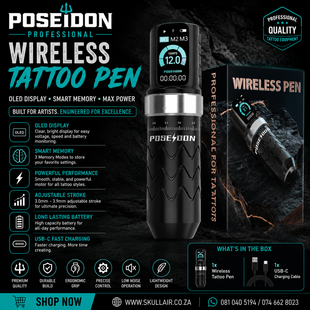 POSEIDON Wireless Tattoo Pen — OLED Display, Smart Memory - Base Kit