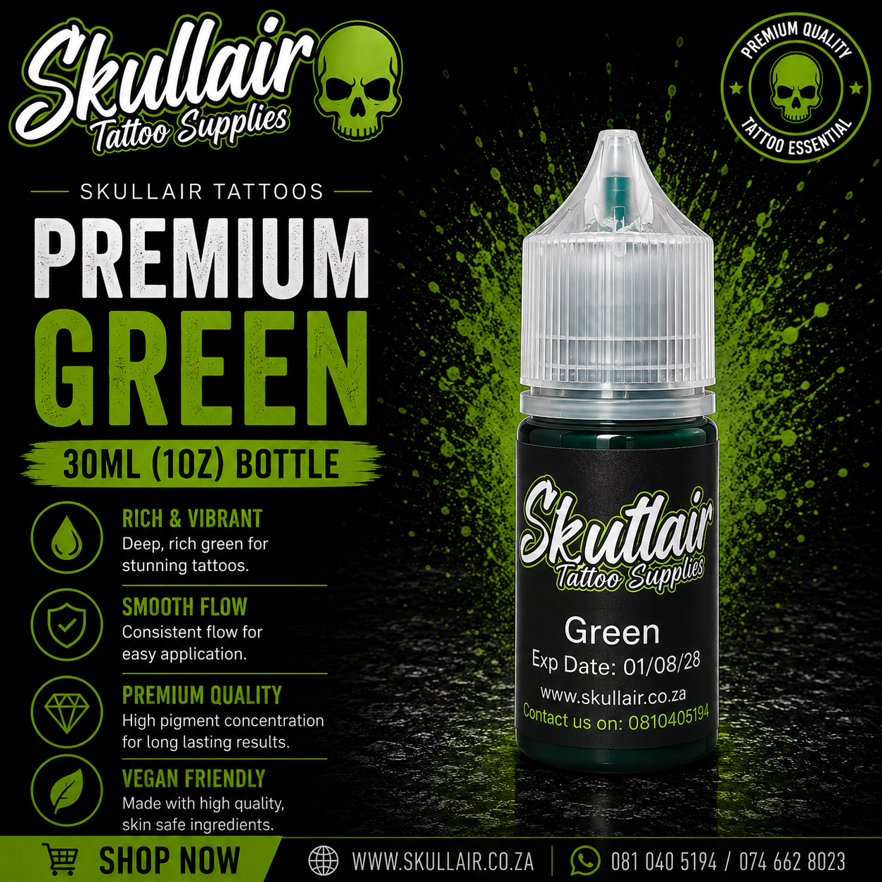 Skullair Premium Green Tattoo Ink – 30ml (1oz)