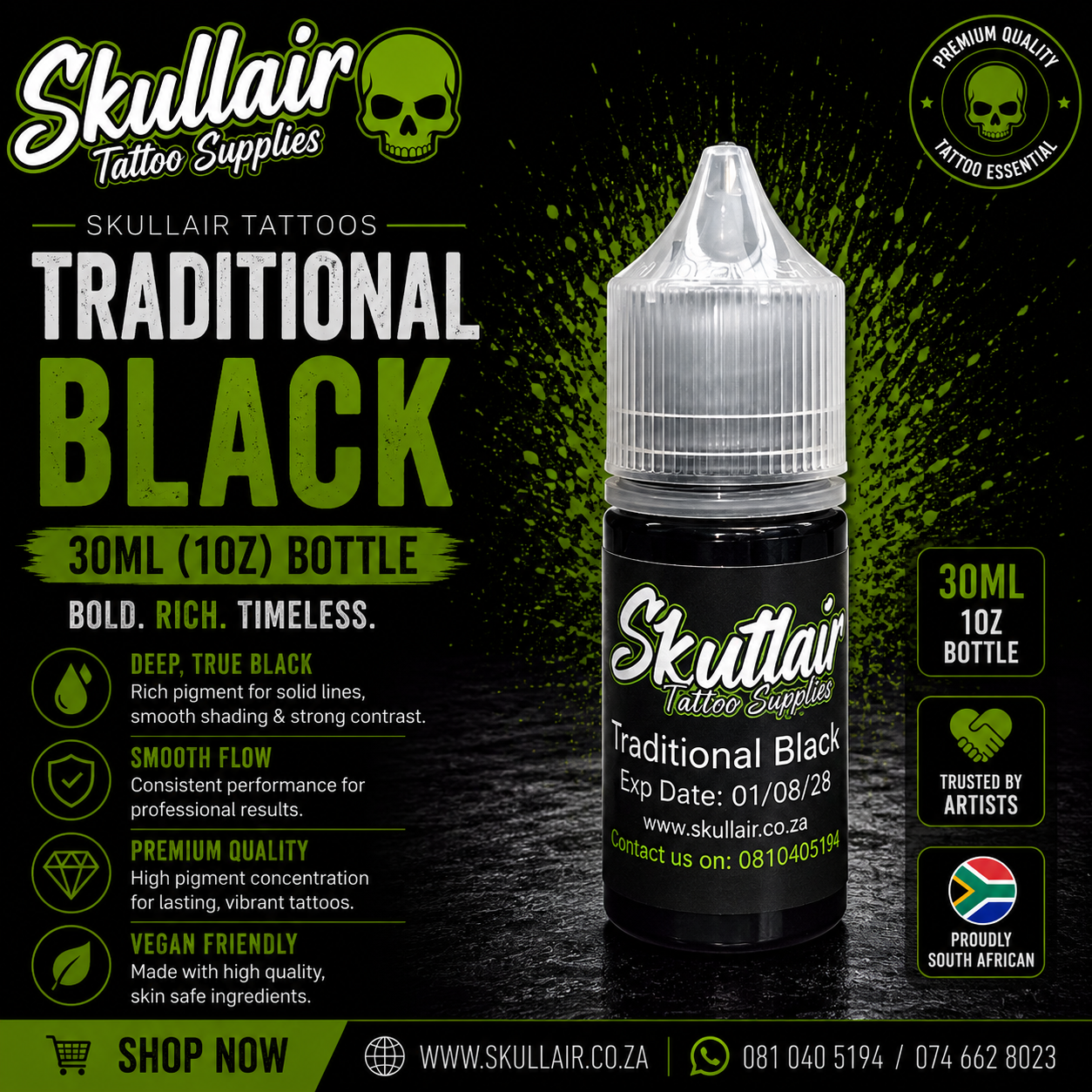 Skullair Traditional Black Tattoo Ink – 30ml (1oz)