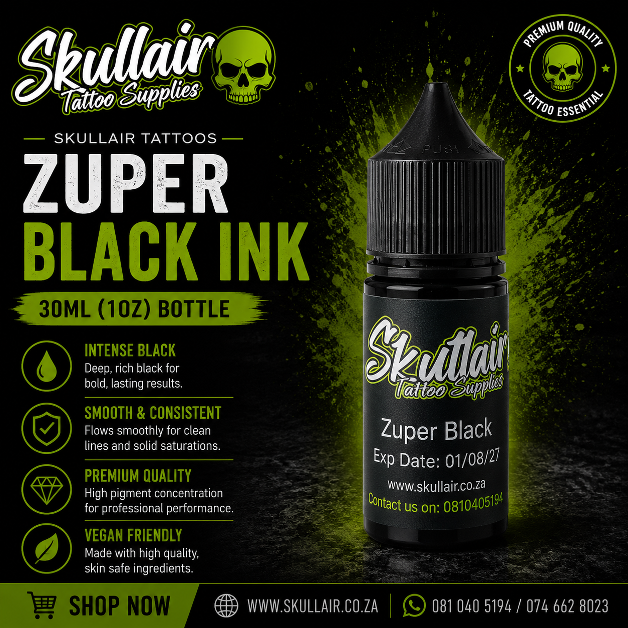 Skullair Zuper Black Tattoo Ink – 30ml (1oz)