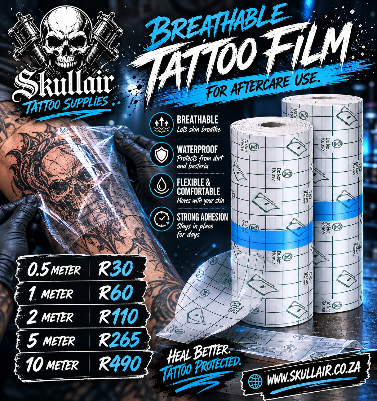 Promotional graphic for Skullair Tattoo Supplies Breathable Tattoo Film, showing three rolls of white and blue adhesive film, a close-up of a tattooed arm covered in clear film, and pricing information for different lengths.