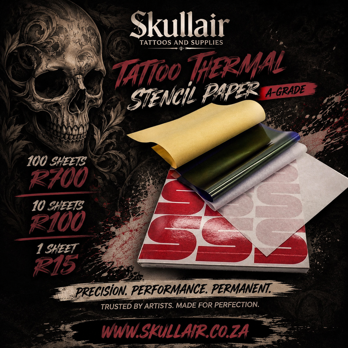Layers of thermal tattoo stencil paper beside a transferred rose design