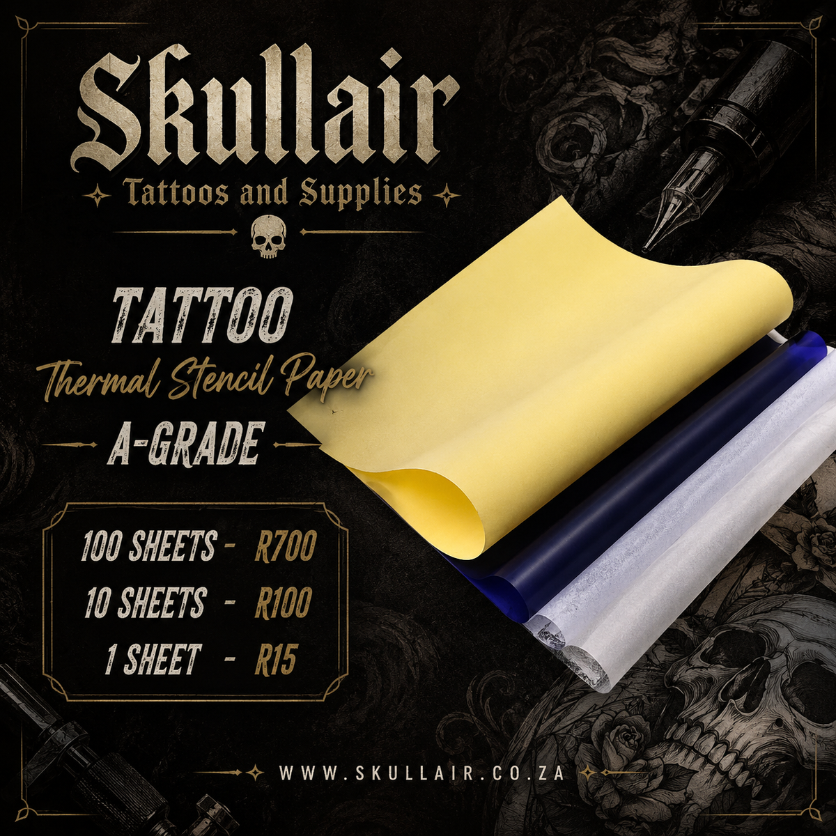 A-grade thermal tattoo stencil paper sheets in a Skullair promotional graphic