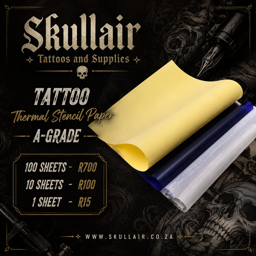 A-grade thermal tattoo stencil paper sheets in a Skullair promotional graphic