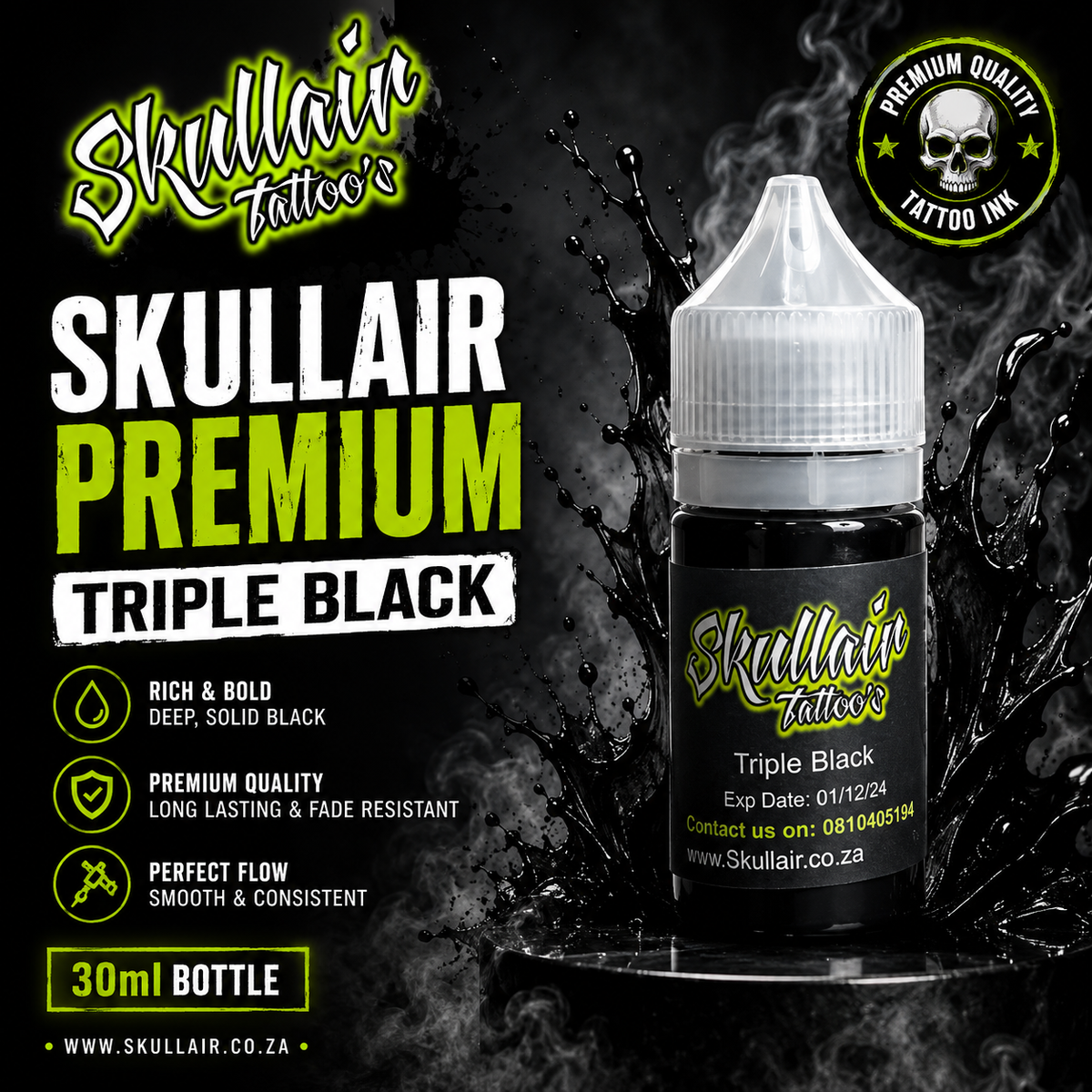 Skullair Tattoos Premium Triple Black Tattoo Ink – 30ml (1oz)