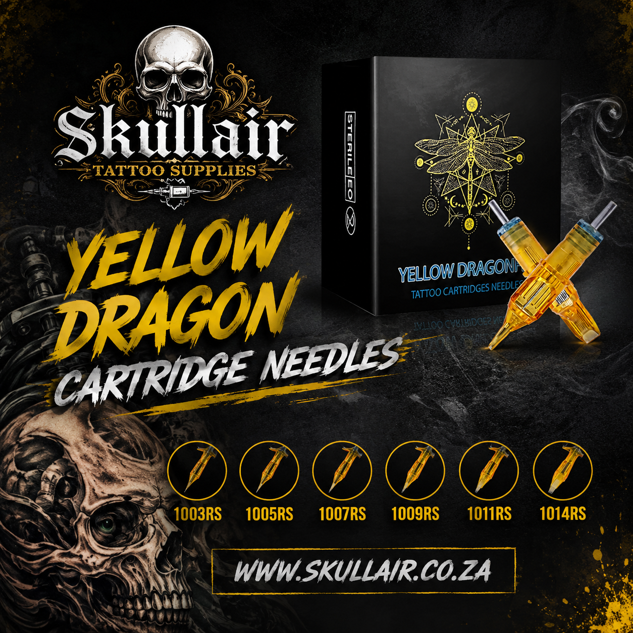 Promotional graphic for Skullair Tattoo Supplies Yellow Dragon Cartridge Needles, showing a black product box with gold dragon artwork, two yellow cartridge needles, a row of model numbers 1003RS through 1014RS, and the website www.skullair.