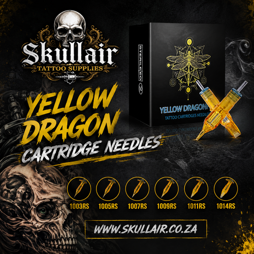 Promotional graphic for Skullair Tattoo Supplies Yellow Dragon Cartridge Needles, showing a black product box with gold dragon artwork, two yellow cartridge needles, a row of model numbers 1003RS through 1014RS, and the website www.skullair.