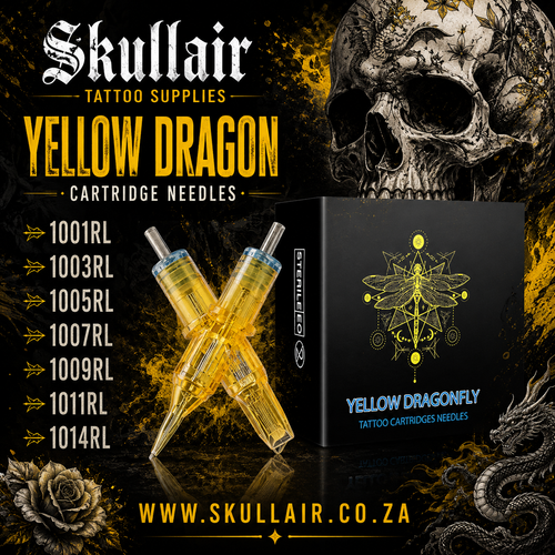 Promotional graphic for Skullair Tattoo Supplies Yellow Dragon Cartridge Needles, showing two translucent yellow cartridge needles in front of a black box labeled 'Yellow Dragonfly,' with a list of needle sizes on the left and a large skull illustration in the background.