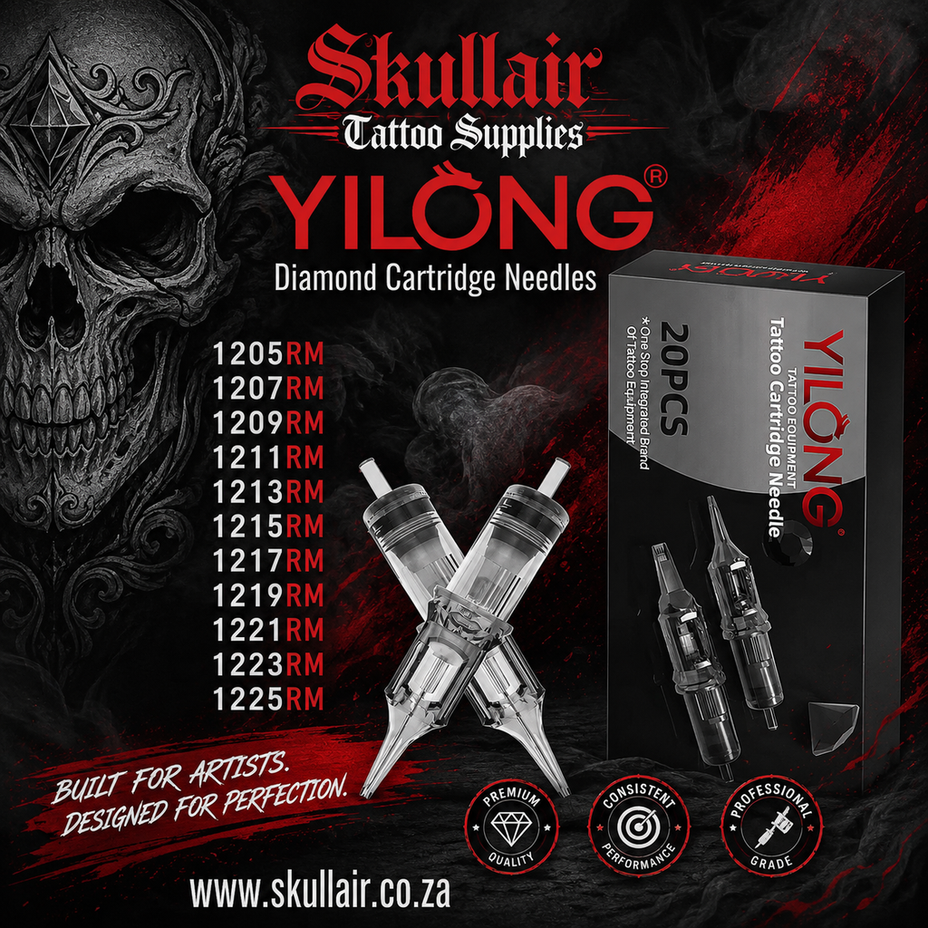 Skullair Tattoo Supplies Yilong Diamond Cartridge Needle packaging and product display on a dark graphic background with a skull illustration, red accents, and product codes listed on the left.