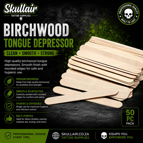 Birchwood tongue depressors in a Skullair studio supplies graphic