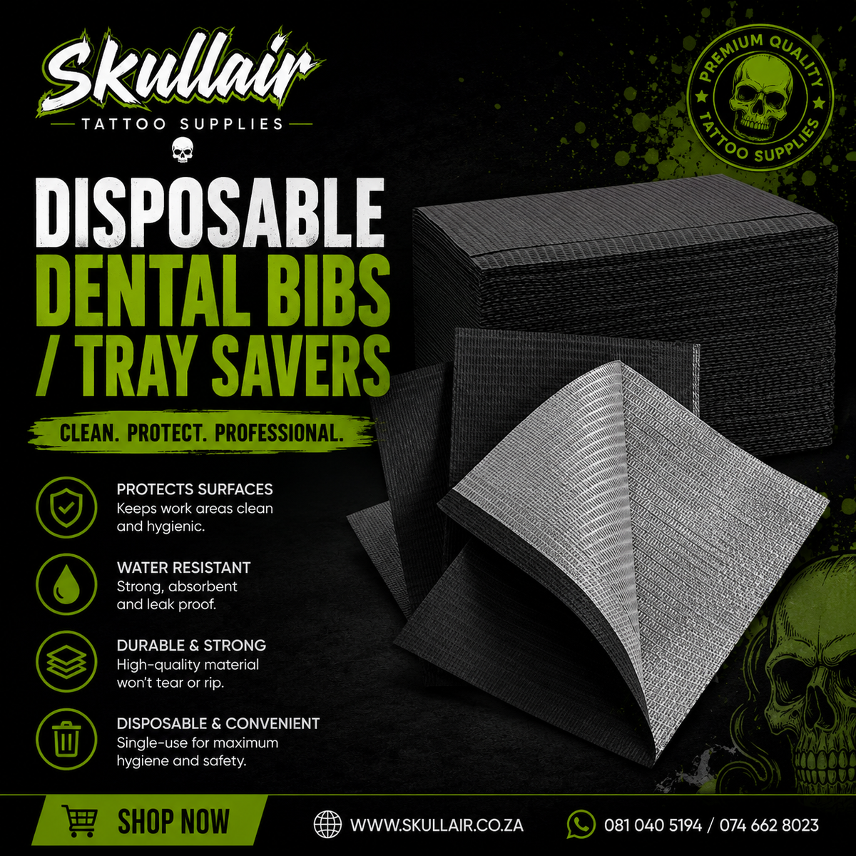 Stacked and folded black dental bibs in a tattoo studio supplies graphic