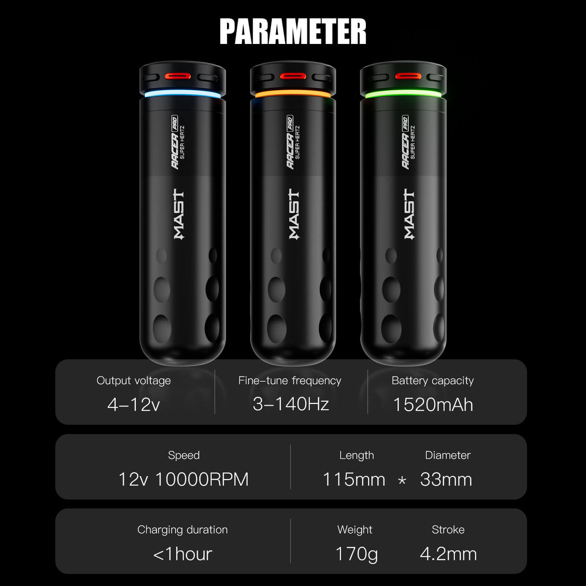 Dragonhawk Mast Racer Pro Wireless Tattoo Pen Machine — Black — 4.2mm Stroke