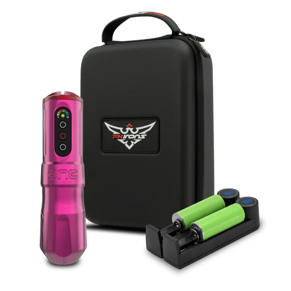 FK Irons One Tattoo Machine with Drop in Battery — Pick Stroke and Color 3.0mm Bubblegum