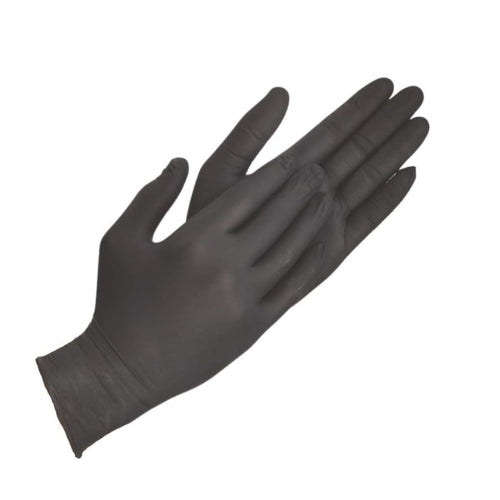 Single black nitrile glove on a white background