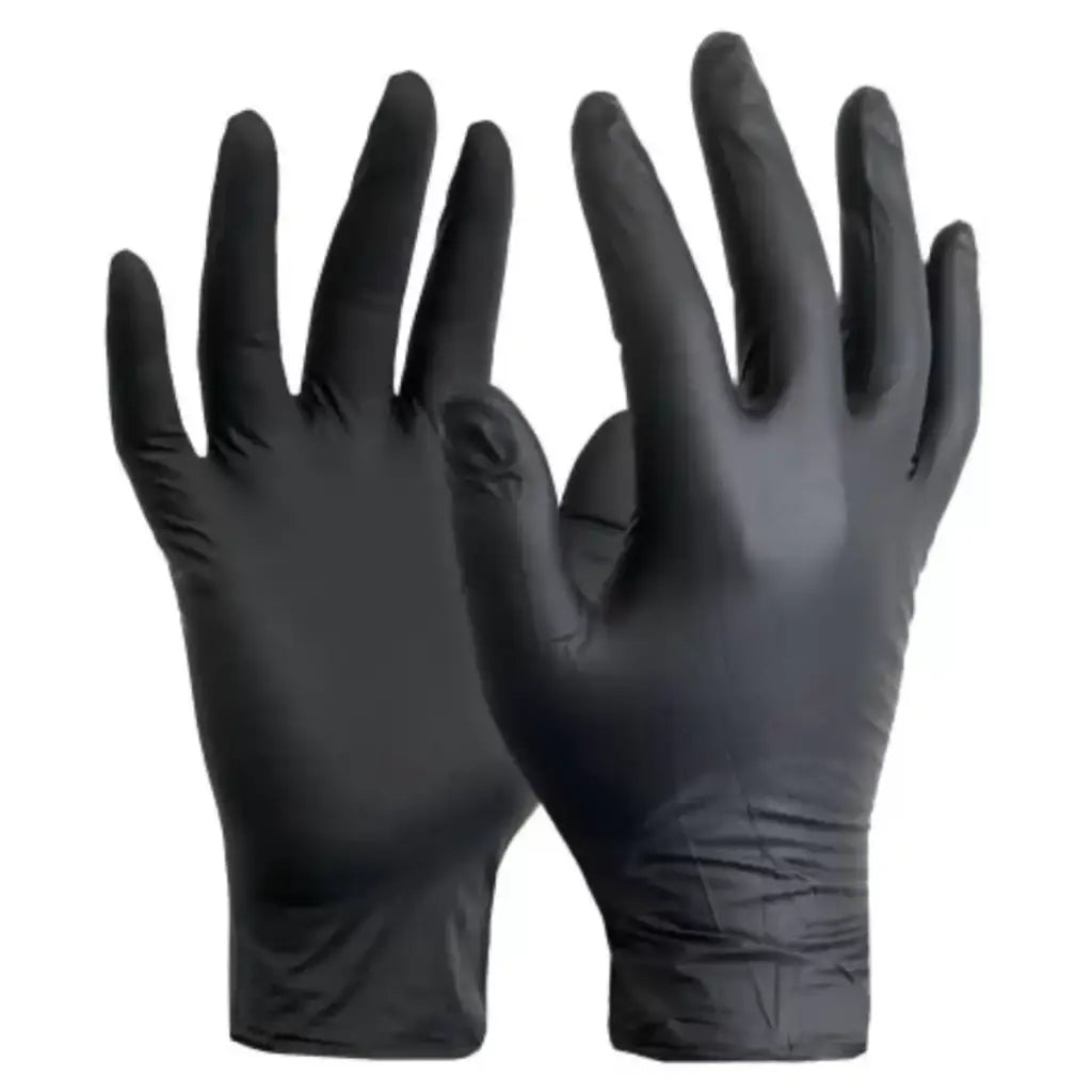 Pair of hands wearing black nitrile gloves