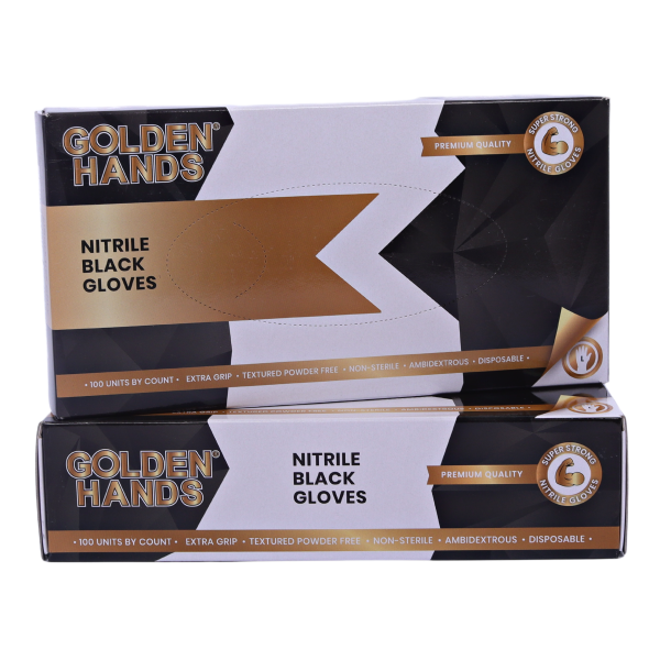 Two stacked Golden Hands black nitrile glove boxes
