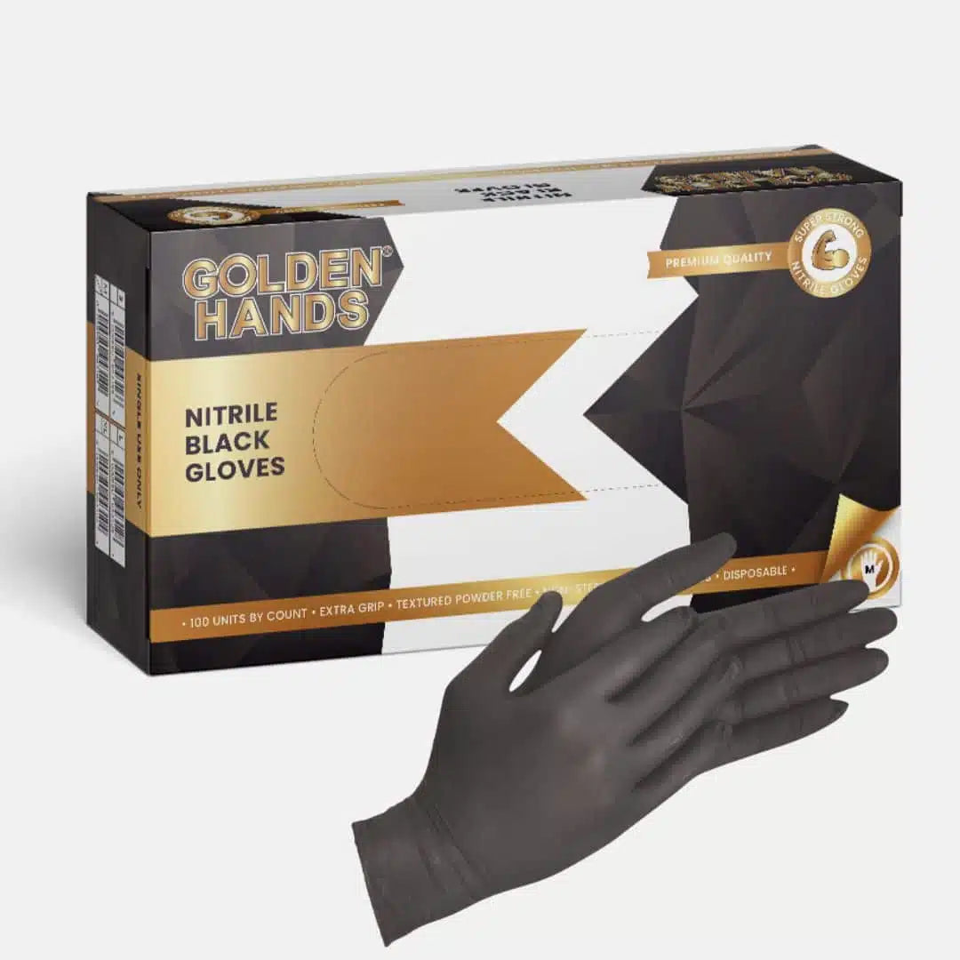 Golden Hands black nitrile glove box beside a black glove
