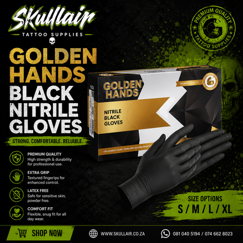 Golden Hands black nitrile glove box with a gloved hand and size options