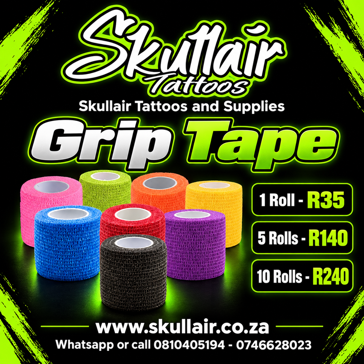Colourful grip tape rolls in a Skullair promotional graphic